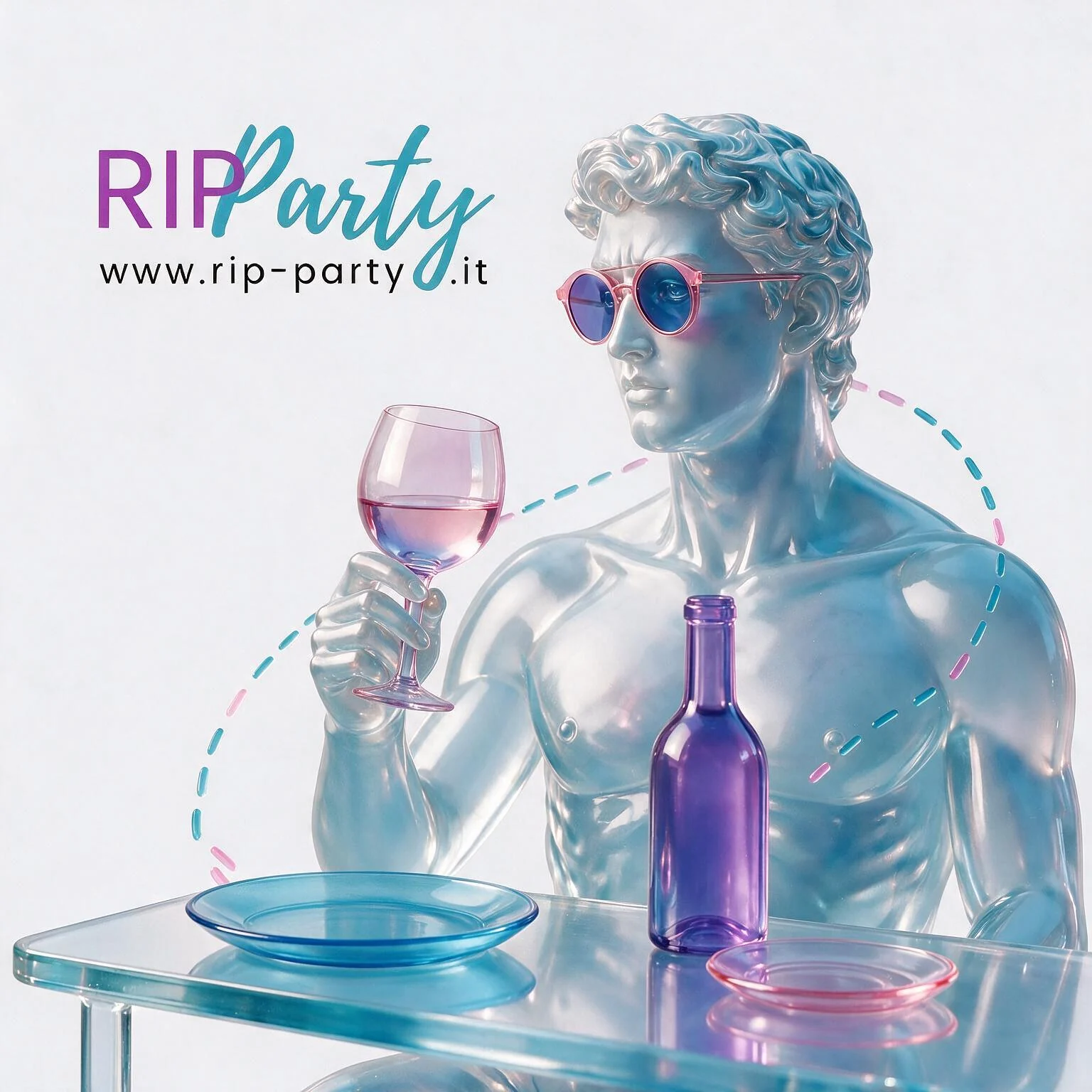Copertina RIP Party con una statua in occhiali da sole durante un momento conviviale